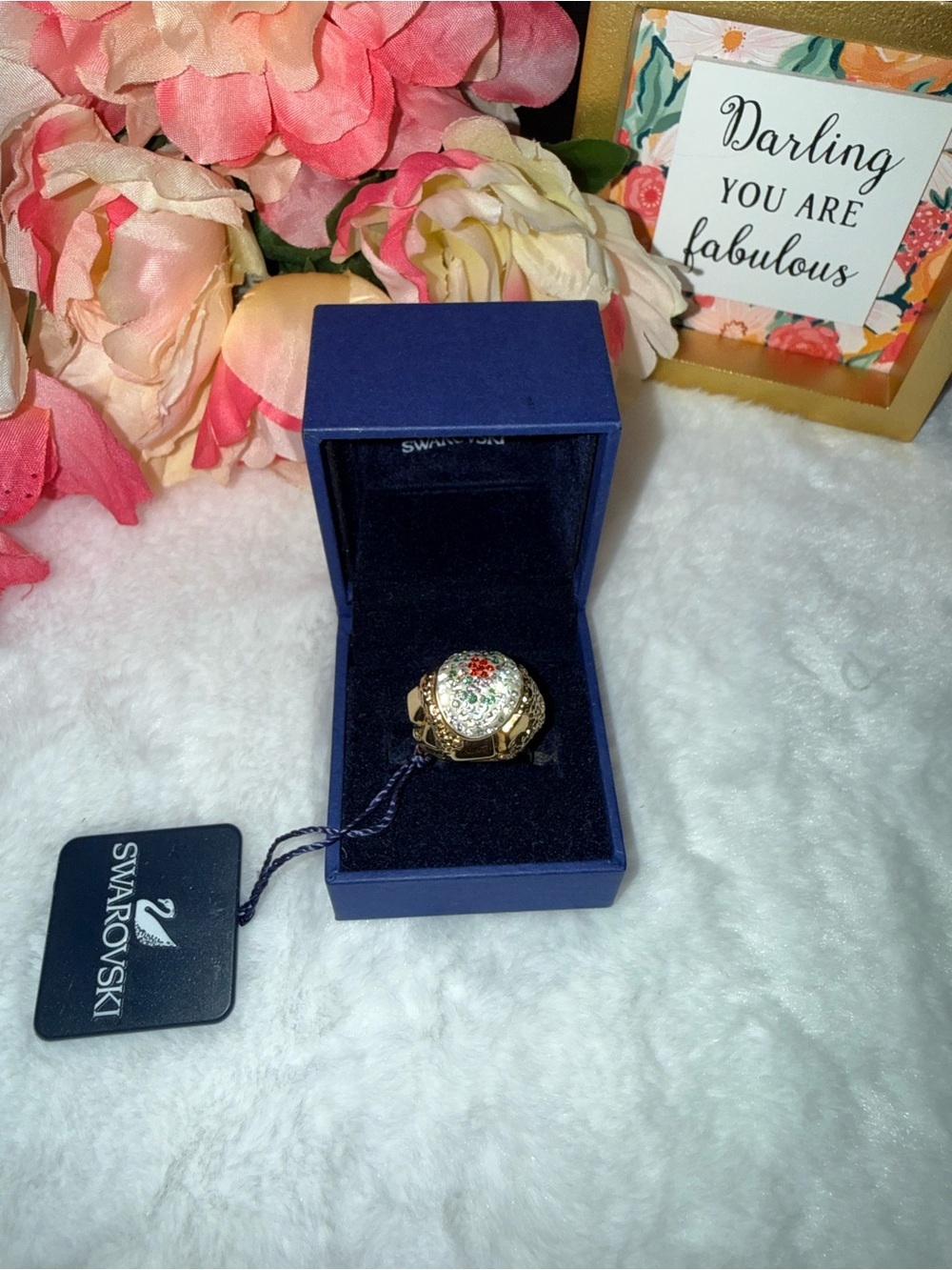 Swarovski Gold Tone Crystal Floral Statement Ring Size 58 EU Glam Cocktail Ring